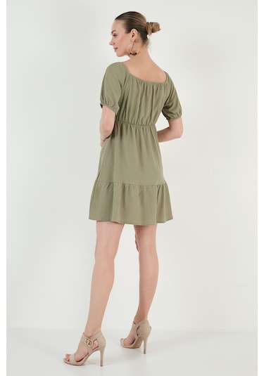 Lela Önü Büzgülü Balon Kollu Mini Bayan Elbise 5869005 Olive