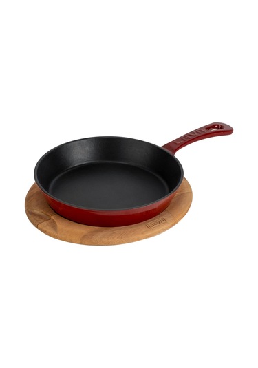 Lava Döküm Yuvarlak Kızartma Tavası Yekpare Saplı Kayın Servis Ahşabı. Çap Ø 20cm Bordo