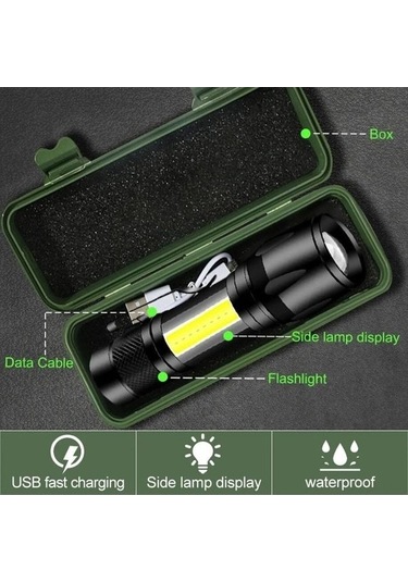 Yifomall Alüminyum El Feneri 513: Yan Işık, Kalem Klasması, Yakın-uzak Odak, Direk Şarj Ve Veri Kablosu İle Kutulu Paket Siyah