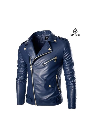 Erkek Deri Ceketler Büyük Beden Motosiklet Deri Montları Koyu Mavi