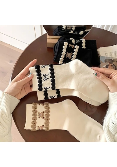 Trampler 4 Çift Kadın Pikotlu Ayıcık Desenli Renkli Çorap Kadın Mevsimlik Desenli Çorap Çok Renkli