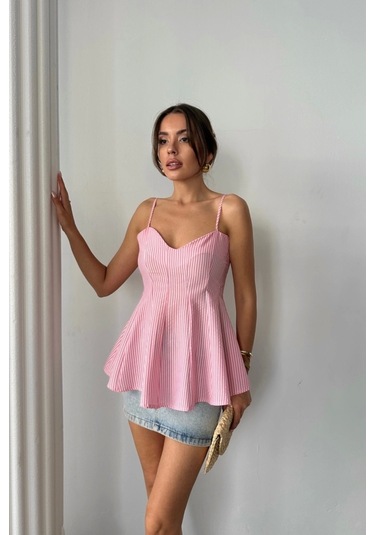 Çizgili Gofre Askılı Pens Detaylı Bluz - Pembe Pembe