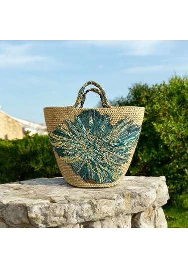 Hasır Çanta, Plaj Çantası, Tasarım Çanta, Yeşil Desenli El Çantası Yeşil - Kahverengi