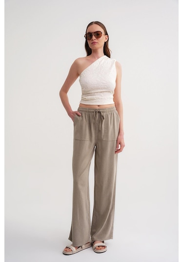4629 Kadın Bol Paça Yüksek Bel Viskon Palazzo Pantolon Toprak Toprak