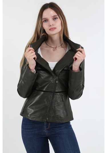 Derinss Dka1125 Hakiki Deri Kadın Yeşil Mont