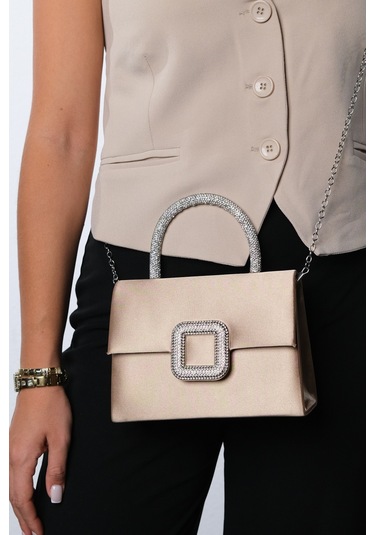 Valeria Koyu Bej Saten Taşlı Kadın El Çantası Koyu Bej
