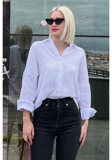 Madmext Beyaz Muslin Kumaş Basic Kadın Gömlek Mg1660-beyaz Beyaz