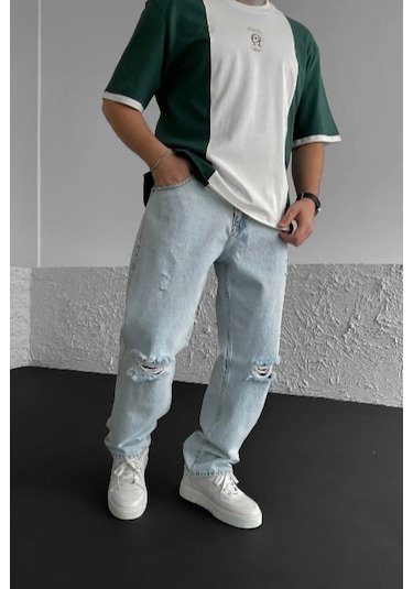Baggy Buz Mavisi Diz Yırtık Modelli Kot Pantolon-Erkek Açık mavi