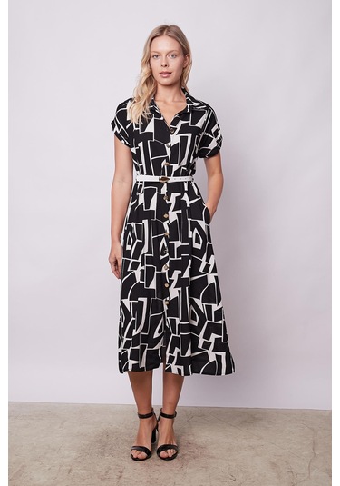 Kadın Desenli Yakalı Düşük Omuzlu Duble Kol Kemerli Midi Boy Elbise Deri Kemer Dahil -siyah Desen Siyah Dsn.