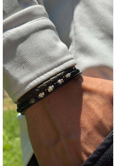 Doğal Taşlı Örgü Desen El İşçiliği İle Üretilmiş Hakiki Deri Erkek Bileklik Siyah