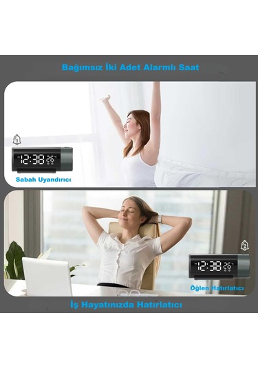 Hymark Projeksiyonlu Silindir Usb Güç Led Ekran Çalar Saat Sıcaklık Çift Alarm Siyah