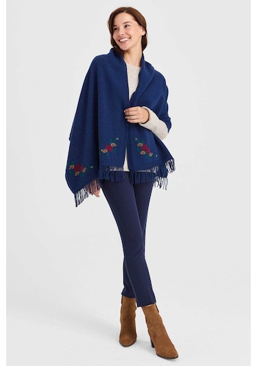 Desen Triko Kadın Triko Kenarı Çiçekli Yün Şal 23224 Indigo İndigo