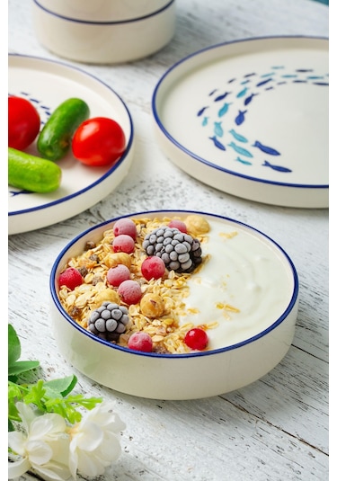 Kevin Seramik Hand Made 14 Parça 6 Kişilik Marin Kahvaltı Takımı Beyaz - Mavi