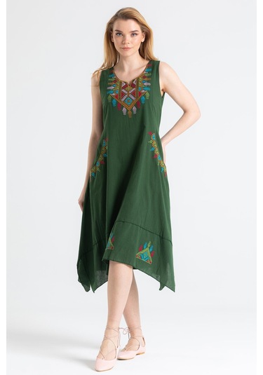 Kolsuz Şile Bezi Antik Nakışlı Midi Boy Elbise Yeşil