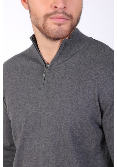 Ferraro Antrasit Dik Yaka Düz Renk Pamuk Erkek Kazak Antrasit