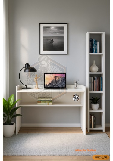 Tamamı Mdf Boy Kitaplıklı 6 Raflı Modern Çalışma Odası Seti