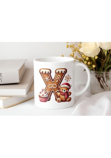 X Kurabiye Harf Ve Ayıcık Detaylı Kupa Bardak - Yeni Yıl / Yılbaşı Temalı Tasarım - Noel Hediye Beyaz