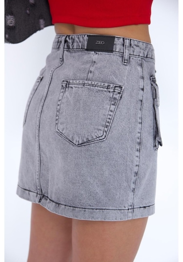 Zeo Basic Kargo Cepli Grey Mini Skirt Gri