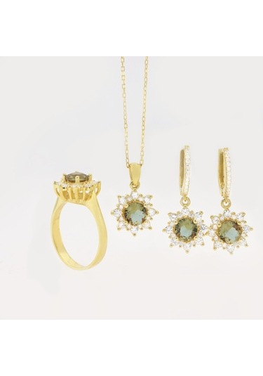 925 Ayar Gümüş Yuvarlak Zultanıt Taşlı Gold Anturaj Set