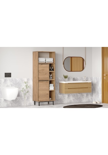 Lidya Banyo Dolabı Çok Amaçlı Dolap 2 Kapaklı Metal Ayaklı Sepet Kahverengi