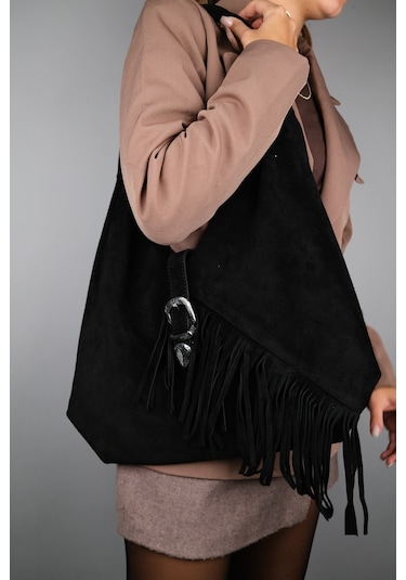 Rosalın Siyah Hakiki Süet Deri Püsküllü Kadın Omuz Çantası Siyah Süet Siyah