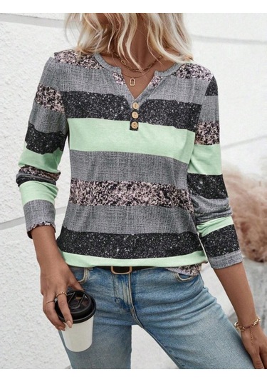 Tua Moda Kadın Uzun Kollu Yakadan Düğmeli Çizgili Desenli Süprem Bluz Yeşil