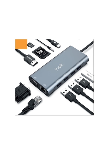 Helt Ht-ot01 Usb + Hdmı + Vga + Type-c + Jack + Ethernet + Sd Kart To Type-c Dönüştürücü Gri