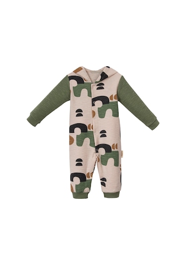 Kapşonlu Desenli Patiksiz Tulum Zeytin Yeşili