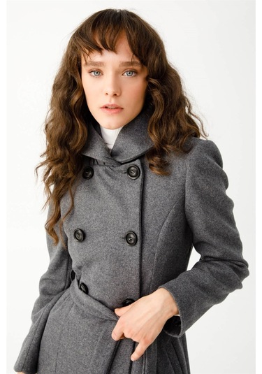 Boğum Yakalı Kruvaze Manto Antrasit-antrasit Antrasit