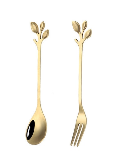 Neevoyu Evde Kullanalım Yeşil Yaprak Desenli Paslanmaz Çelik Kahve Kaşığı, Tatlı Çatalı, Ev Çamaşırı Servis Takımı - Altın Renkli Estetik Spoon Fork Seti Altın