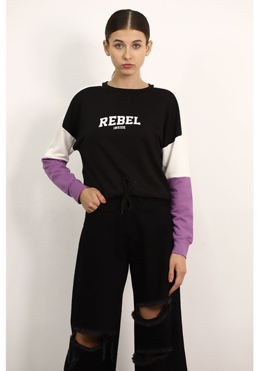 Gabria Kadın Kapşonlu Desenli Sweat Siyah (508950308)