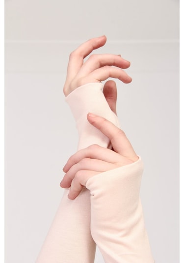 Parmak Geçmeli 45cm Likralı Penye Kolluk 1 Çift Pudra