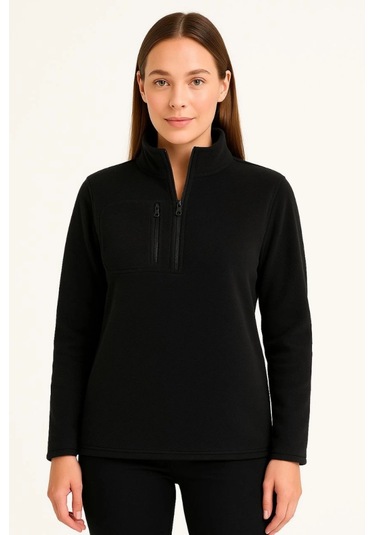 Polar Kazak Dik Yaka, Yarım Fermuarlı, Fermuarlı Göğüs Cepli, Siyah Biyeli, Kışlık Rahat Regular Fit Günlük Model - Siyah Siyah