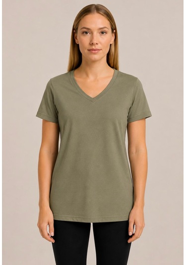 Axxel Kadın Açık Haki Kısa Kollu Pamuklu Oversize Rahat Kesim T-shirt-d804-k