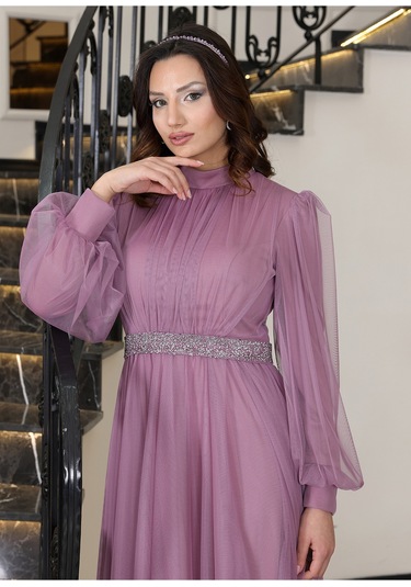 Alia Şık Taş Detaylı Büyük Beden Tesettür Abiye - Alya Lavanta