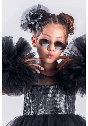 Kız Çocuk Abiye Elbise Ponpon Kol Pul Payetli Tütülü Siyah - Gr