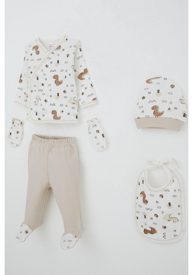 Breeze Erkek Bebek Hastane Çıkışı 5 Li Doğa Temalı Sevimli Minik Dinozor Desenli 0-3 Ay, Ekru Ekru