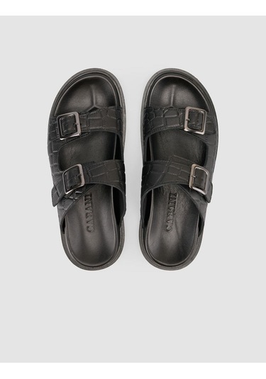 %100 Hakiki Deri Croco Desen Siyah Erkek Terlik Siyah