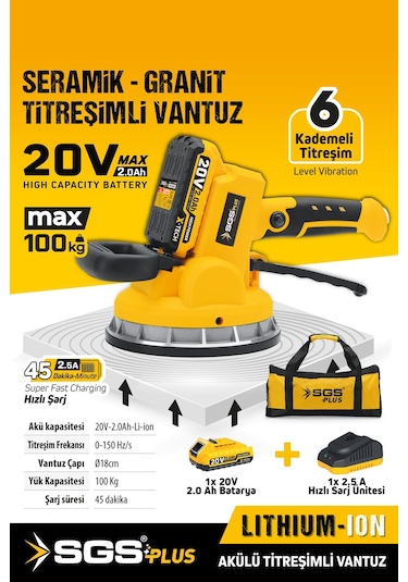 Sgs5415 20 Volt 2 Amper Akülü Titreşimli Vantuz Seramik Granit Mermer Kiremit Döşeme Makinesi