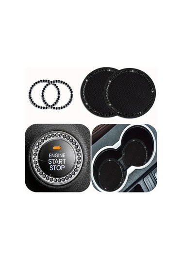 Sunshine011 2 Adet Araç Elmas Tabanlı Paspas + 2 Adet Tek Tuşla Start Dekor Halkası Pembe Pembe