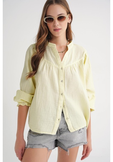 4733 Kadın Büzgü Robalı Uzun Kol Müslin Gömlek Tereyağı Sarısı Tereyağı Sarısı