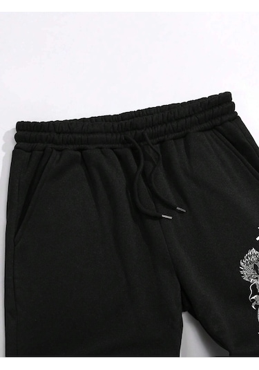 Letter & Fire Print Drawstring Waist Eşofman Altı Siyah