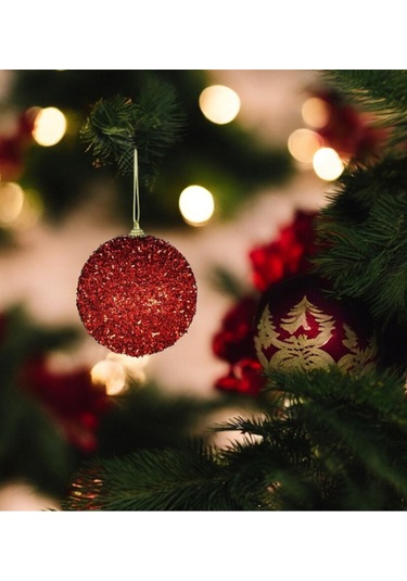 Yılbaşı Süsü 2'li Parıltılı Top Kırmızı 10 Cm