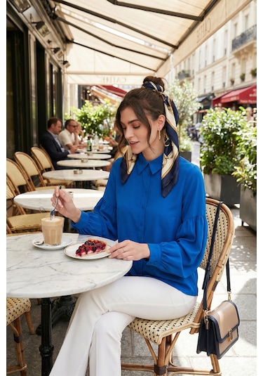 Lela Regular Fit Dikiş Detaylı Düz Yaka Balon Kol Bayan Gömlek 611Go00003 Saks