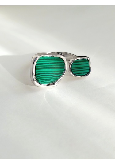 Gümüş Yeşil Malahit Taşlı Kare Tasarım Ayarlanabilir Kadın Yüzük
