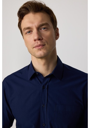 Tudors Klasik Fit Pamuklu Kolay Ütü Düz Lacivert Erkek Gömlek-30429-lacivert Lacivert