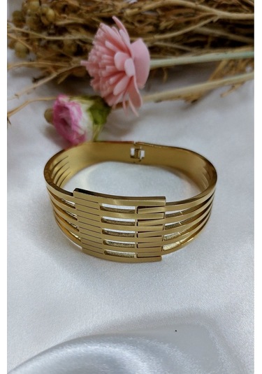 Kaburga Model 316 L Çelik Kelepçe Gold Bileklik,