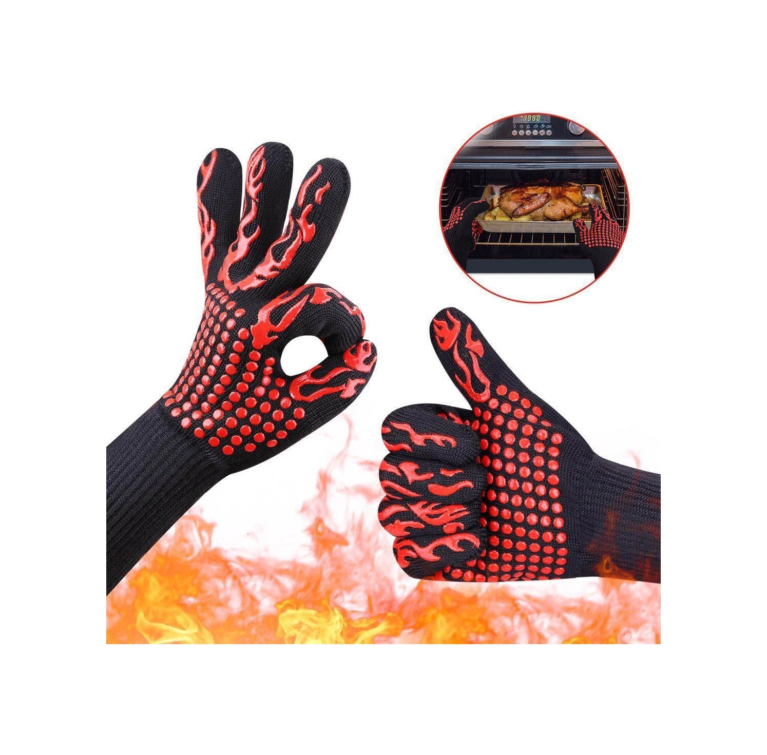 Dofolink Kırmızı Alev Silikon Isı Yalıtkan Eldiven - Mutfak, Barbekü, Fırın, Mikrodalga İçin 500 C Dayanıklı, Kaymazsız, Ev Kullanıma Uygun Her İki El İçin Çok Renkli