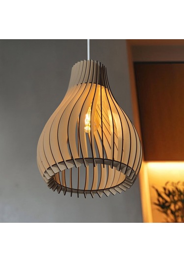 Vialux Modern Ahşap Bohem Rustik Avize Tekli Sarkıt Lamba Bej Bej