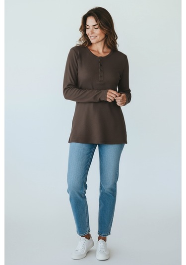 Kadın Yaka Düme Detaylı Mevsimlik Bluz Kahverengi